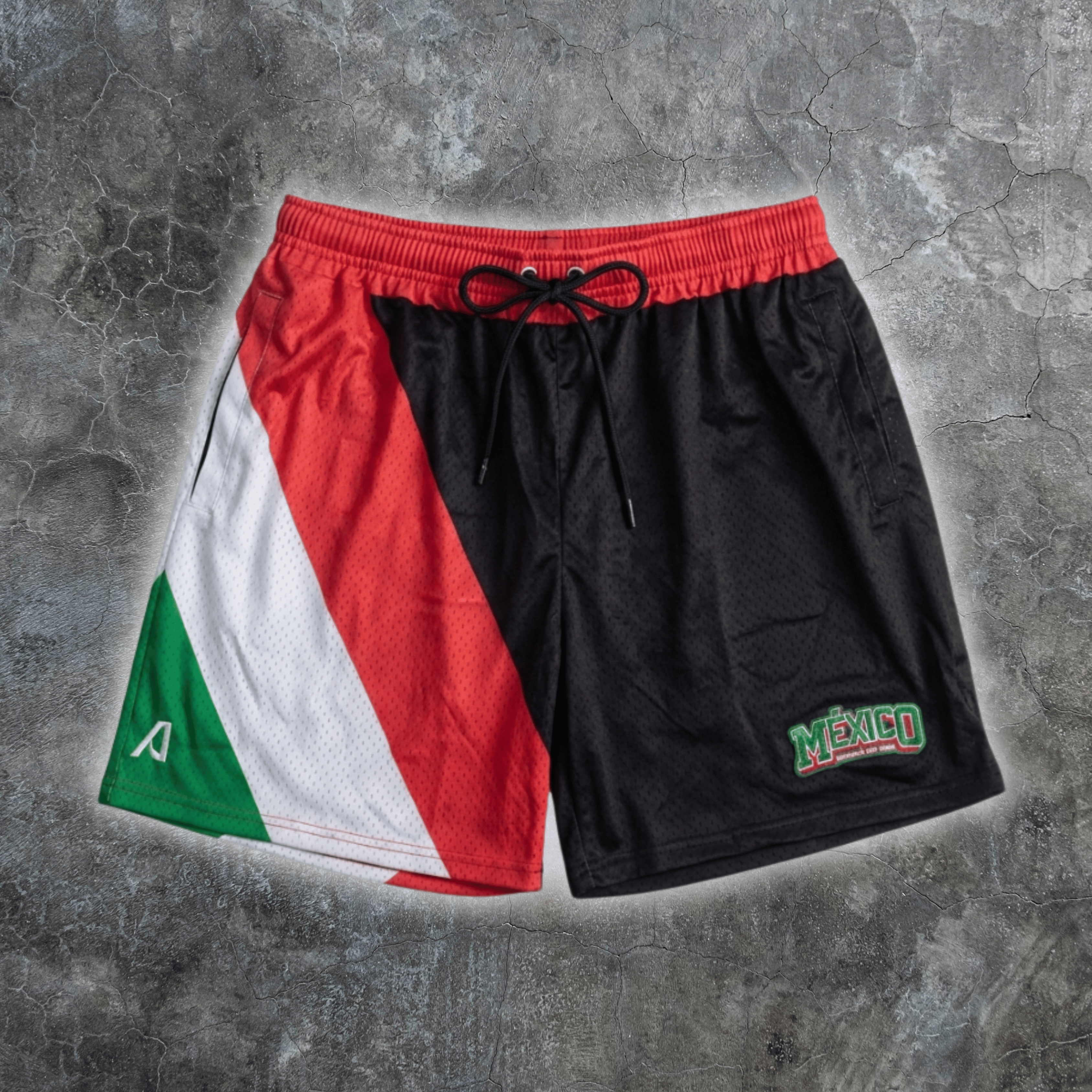 PANTALONES CORTOS NEGROS DE MALLA TRICOLOR